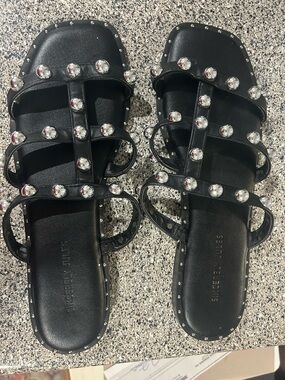 Sincerly Jules Black Crystal-Stud Multi-Strap Flat Sandals